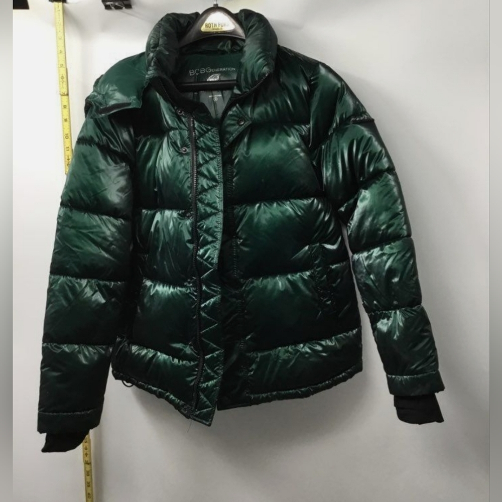 BCBGeneration Womens Green Shiny Hooded Full-Zip Puffer Coat Jacket Size S